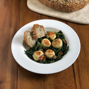 Chicken Meatballs with Wilted Greens and Bacon