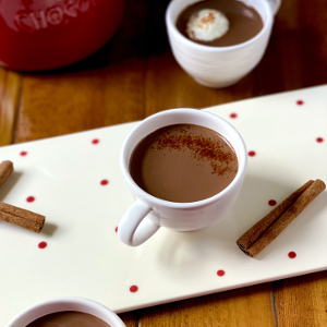 Cup of hot chocolate surrounded by cinnamon sticks