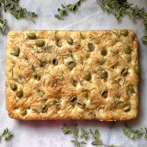 Parmesan focaccia with rosemary and olives