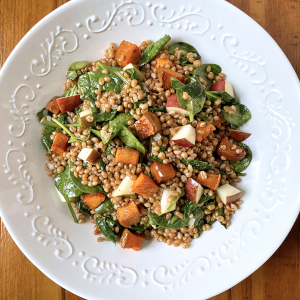 Wheat berry salad with roasted squash spinach and pear