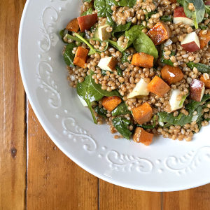Wheat berry salad with spinach, roasted honeynut squash, and pear recipe