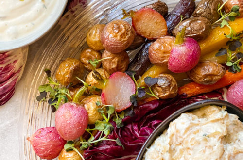 Roasted carrots, potatoes, and radishes with healthy dips