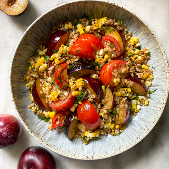 Farro salad with heirloom tomatoes, plums, grilled corn, and herbs