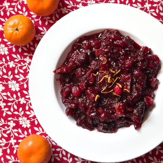 Brandied cranberry sauce on a festive red tablecloth