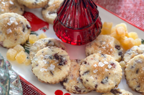 cranberry chocolate shortbread cookies on a holiday platter