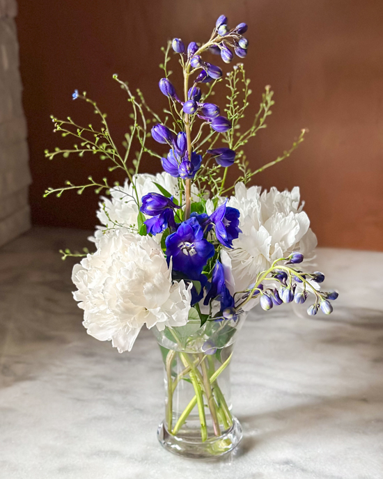 Blue delphiniums and white peonies in a glass vase with green foliage stems
